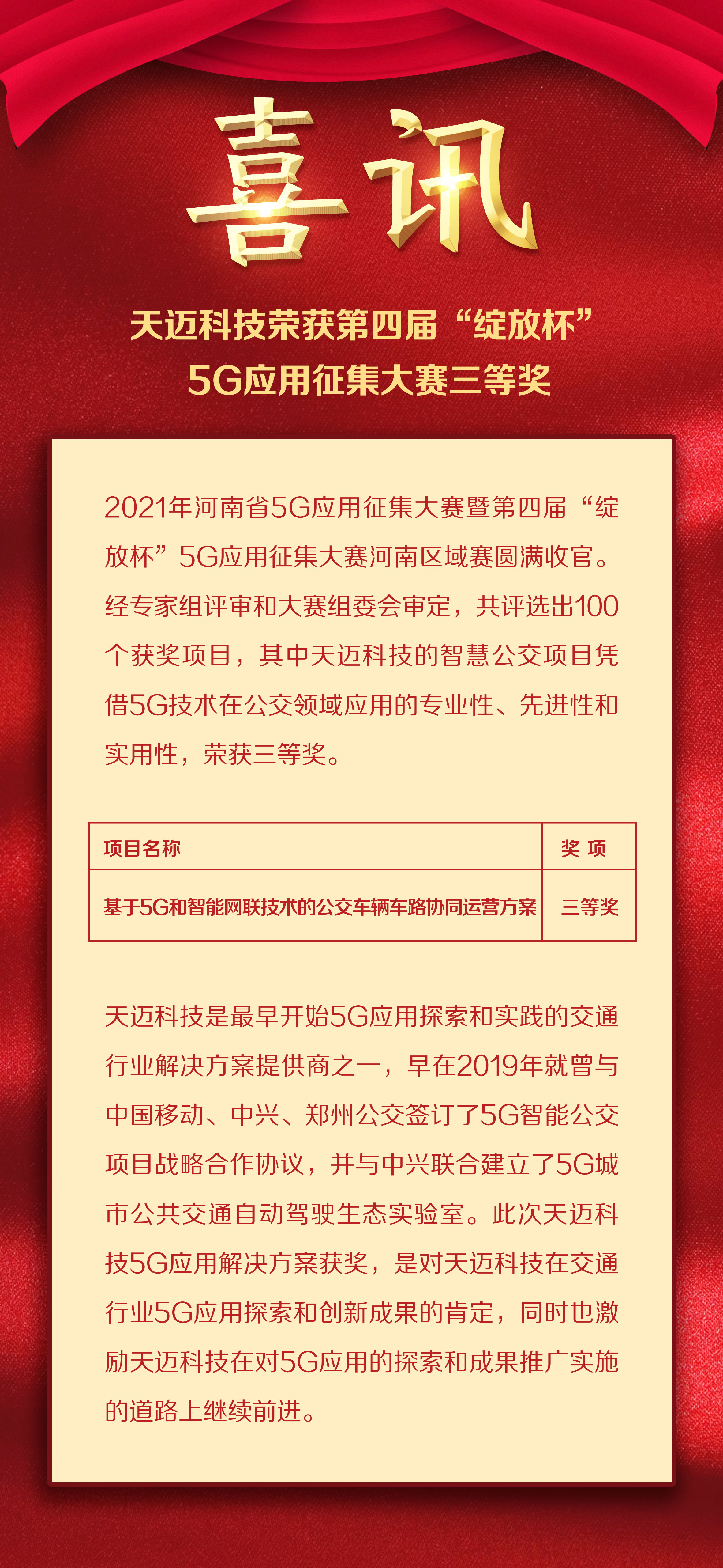 喜訊：天邁科技榮獲第四屆“綻放杯”5G應(yīng)用征集大賽三等獎(jiǎng)